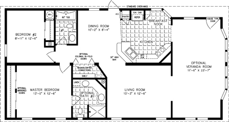 Double wide floor plan with 2 bedrooms, 2 baths, living room, dining room, kitchen and laundry room and optional veranda room