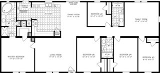 double wide floor plan, 5 bedrooms, 3 baths, living room, dining room, kitchen and laundry room