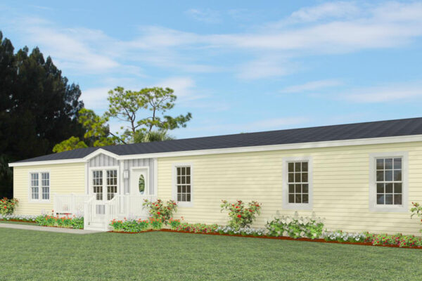 Rendering of a double wide home with a dormer, cream lap siding and a black shingle roof