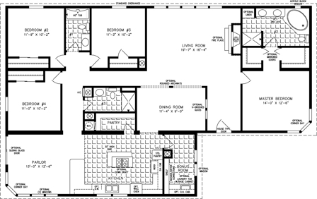 triple wide floor plan, 4 bedrooms, 3 baths, living room, dining room, parlor, kitchen and laundry room