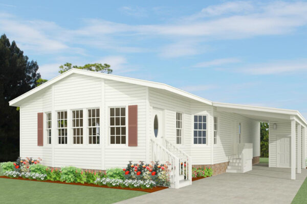 Rendering of a double wide mobile home with a 6 window bay and carport