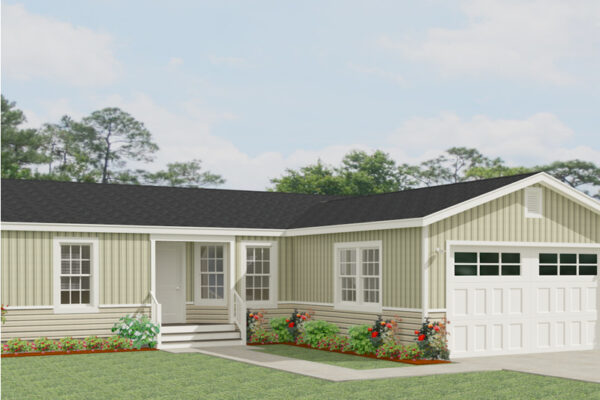 Rendering of a triple wide manufactured home with two car garage