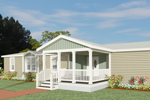 Rendering of a triple wide manufactured home with a site built front porch