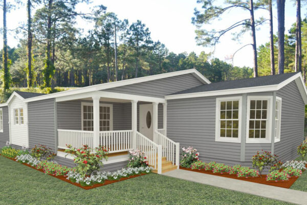 Rendering of a triple wide home with grey lap siding and a front porch