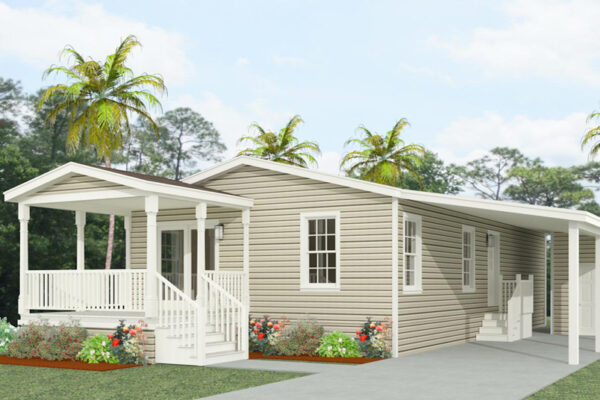 Rendering of a double wide manufactured home with a half front port and carport