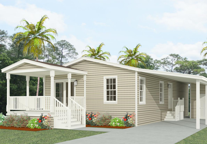 Rendering of a double wide manufactured home with a half front port and carport